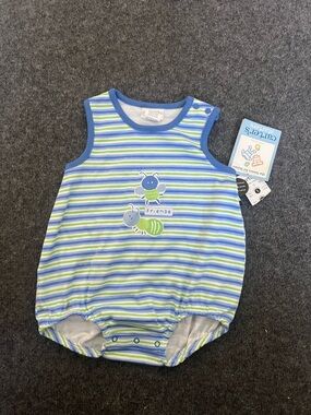 NWT vintage Striped Blue & Green Baby Romper with Bug Applique